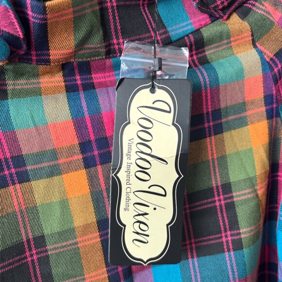 NWT Voodoo Vixen Size UK 12/ US 8 Multicolour Plaid Skirt with Waist Button Deta - Picture 5 of 7